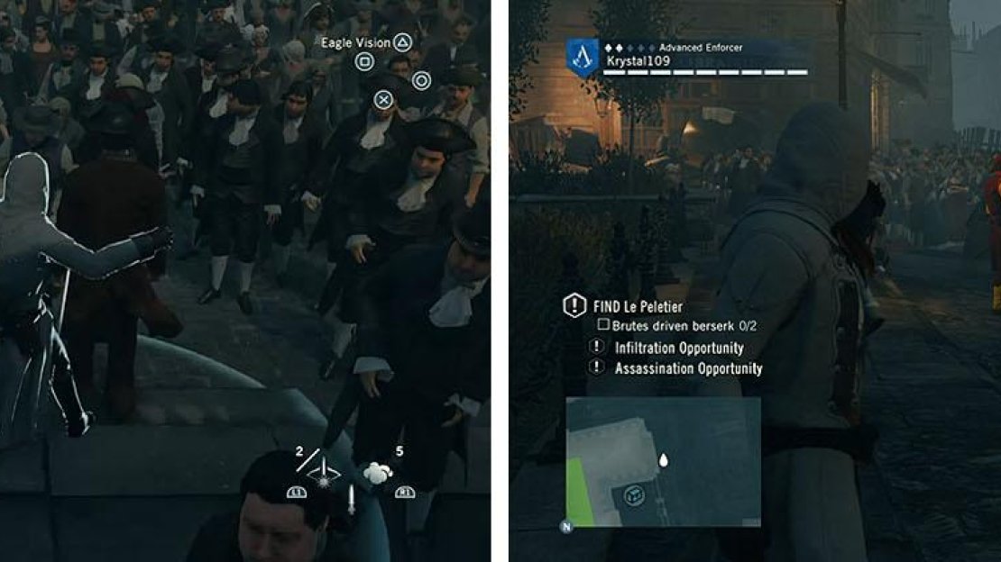 Double assassinate the main gate guards (left) and then head east and double assassinate the guards here or Berserk Blade the Brute (right).