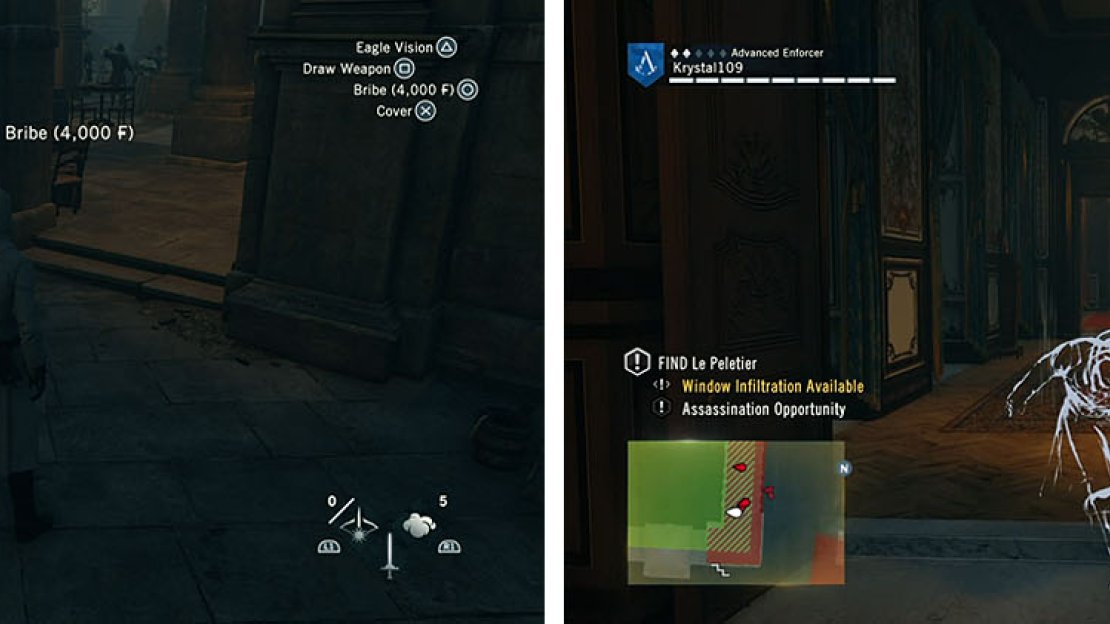 Bribe the woman with 4,000 F and then lure the guard into the hall to kill him.