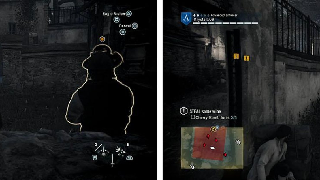 Toss Cherry Bombs to distract the guards to cross the gap (left). On the other side, wait for the Brute to turn his back to continue (right).