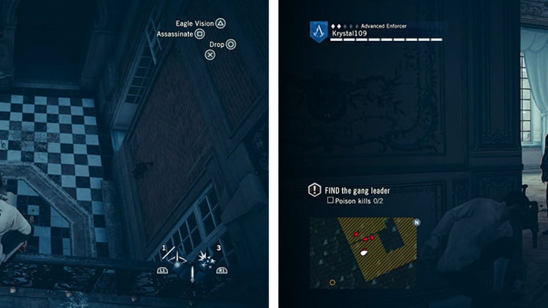 Wait for the Defender to walk away before you air assassinate the guard (left). Inside, wait for the patrol to come close and kill him (right).