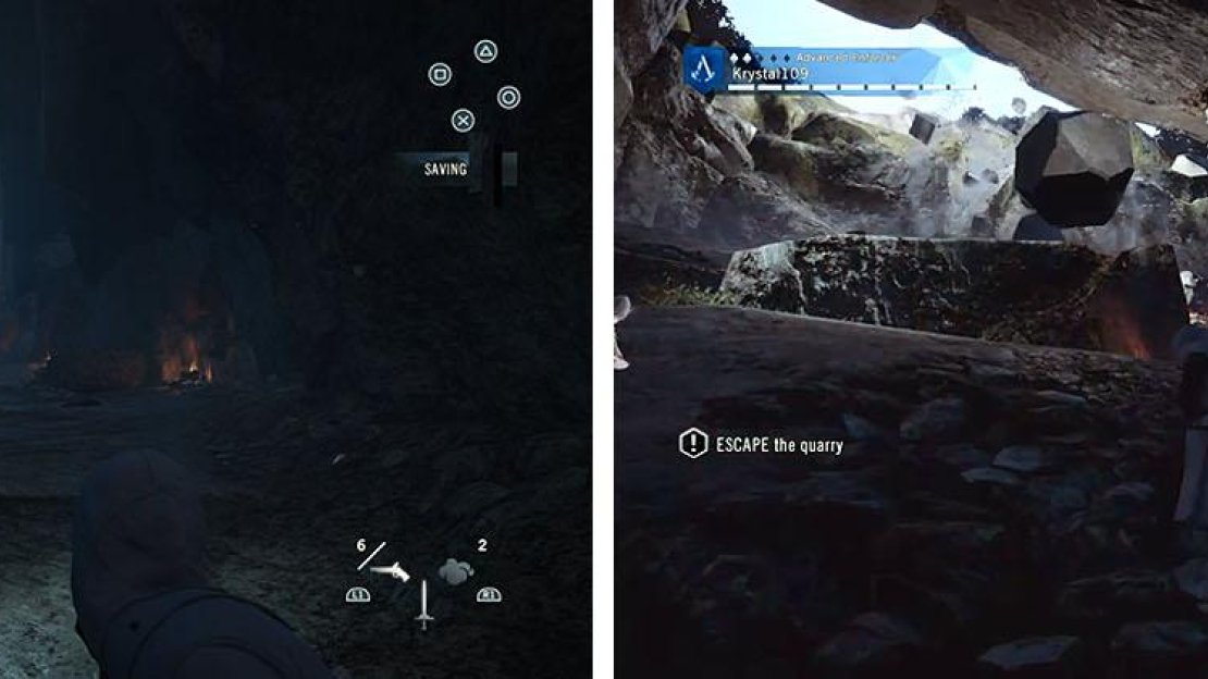 Avoid the boulders in the tunnels (left) and when the simulation begins to collapse quickly rush to the exit while using the elevation as cover (right).