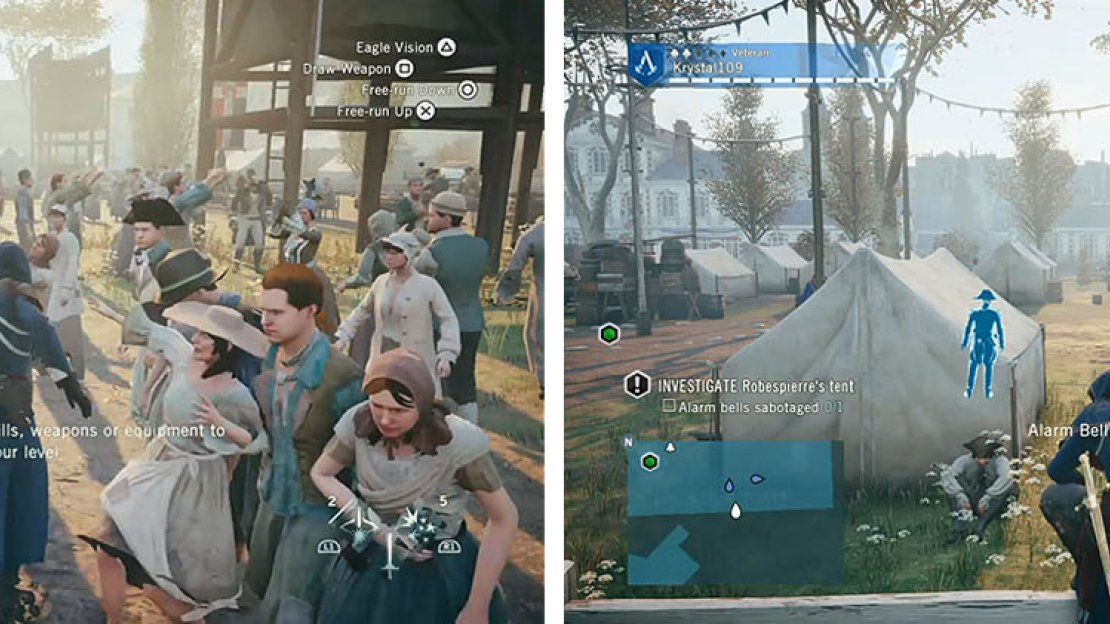Head through the crowd to the watchtower and wait until no guards are looking to climb up.