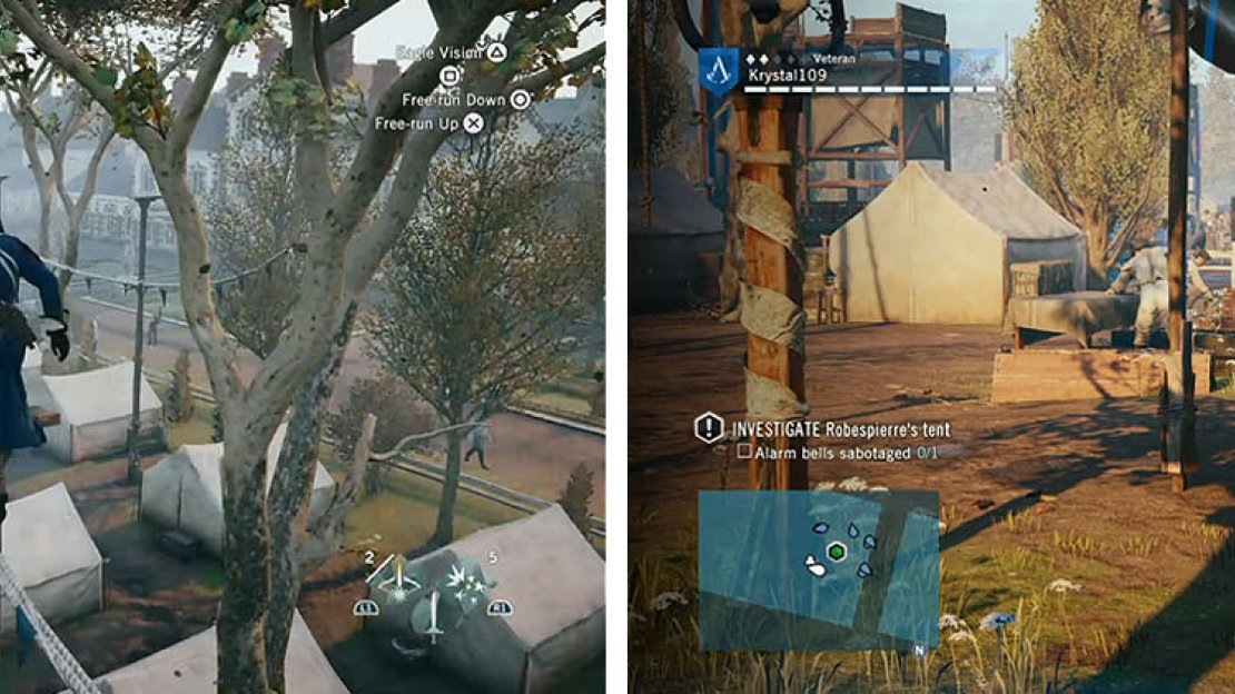 Cross through the trees to reach the tent (left). To distract the guards make sure to throw the Cherry Bomb far in the distance (right).