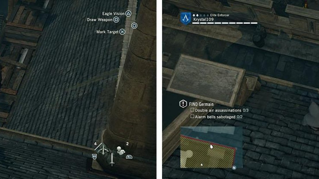 Climb the building to kill the sniper (left) and then double air assassinate the patrol (right).