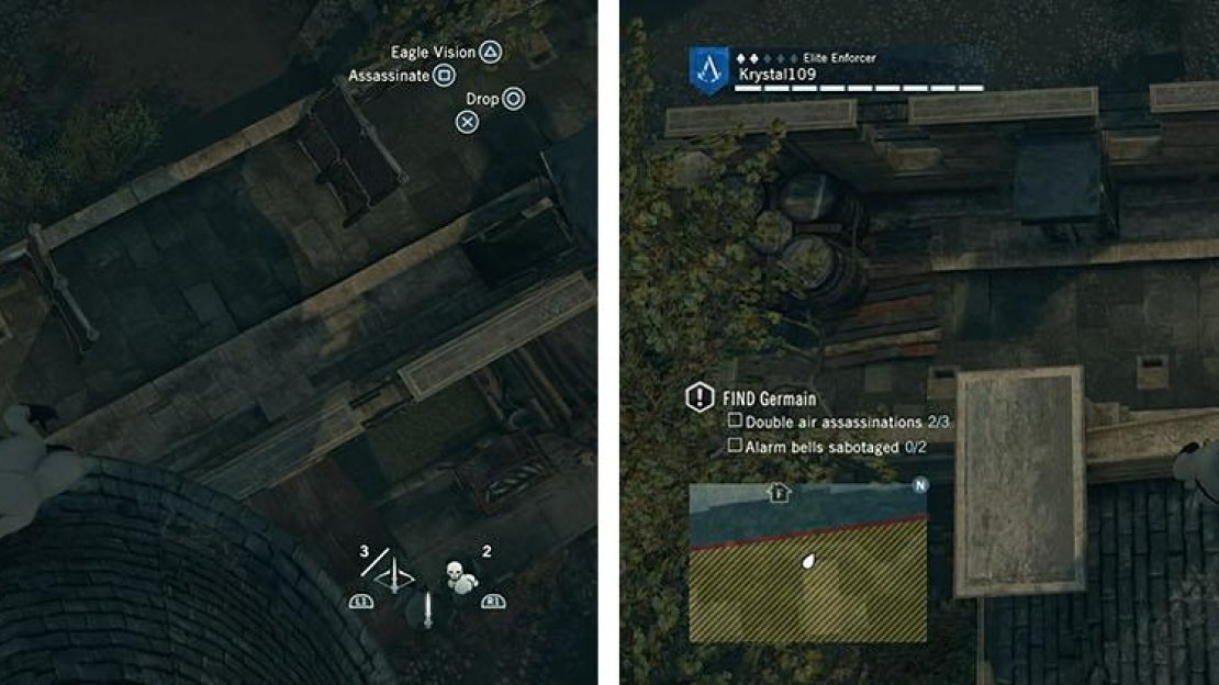 Climb the tower above the two guards for a double air assassination (left). Climb the building to also air assassinate the patrols here (right).