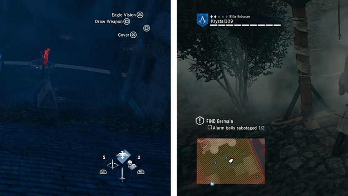 Sneak into the opposite courtyard when no one is looking (left). If you’re detected, camp the bell and use Smoke Bombs to kill the guards (right).
