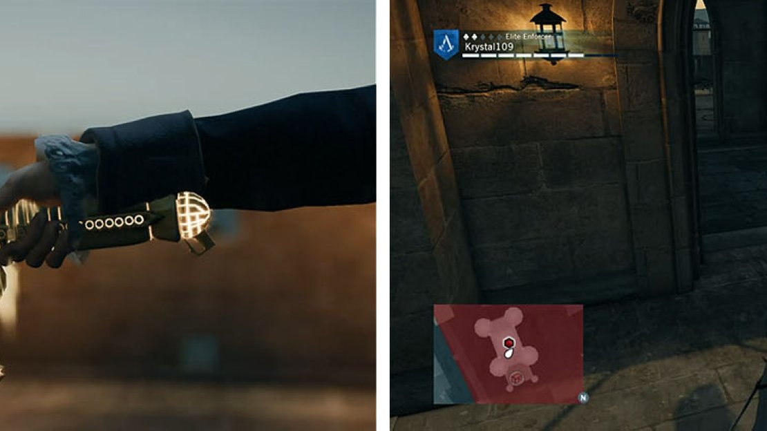 Climb the tower to find Germain with the Sword of Eden (left) and then circle the tower quickly to backstab him (right).