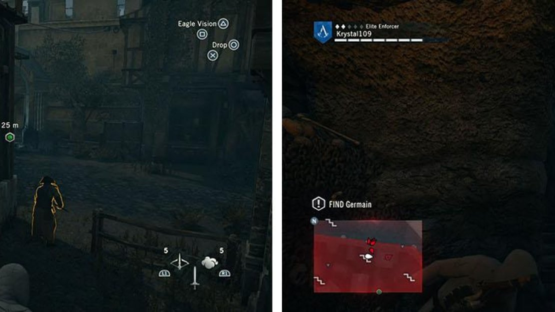 Berserk Blade the Defender (left) and then lose any guards in the catacombs (right).
