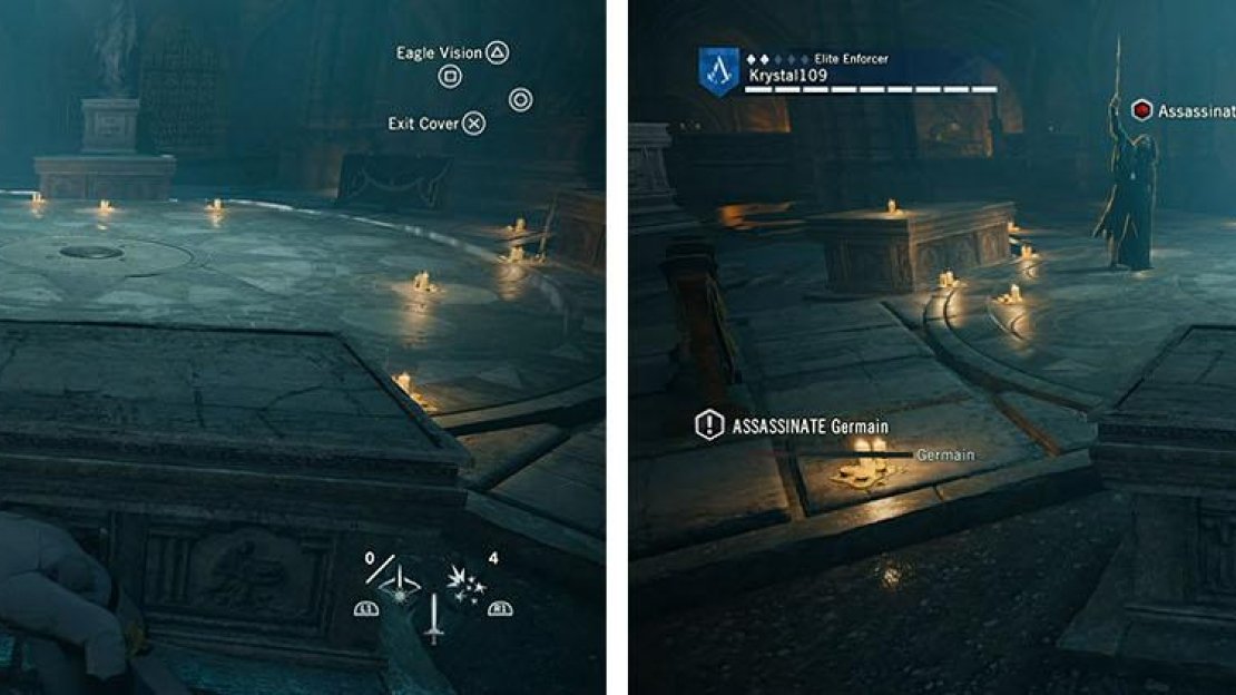 Move quickly when Germain uses Eagle Vision and raises his sword.