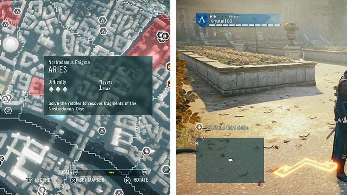 Enigma’s are markes by the scroll on the map (left). Using the riddles you must find the next symbol until you find the final riddle, leading to the final symbol (right).