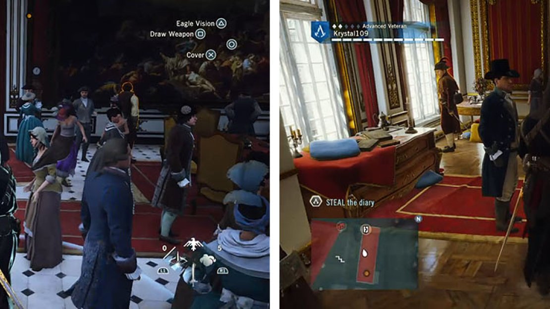 Blend with the crowds to pass the guards on the 1st floor and kill the guards on the 2nd floor.