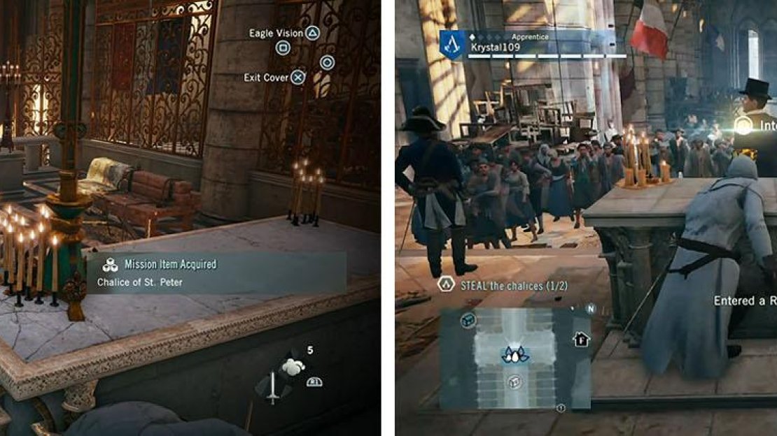 Enter from above to easily steal both chalices without the guards seeing you.
