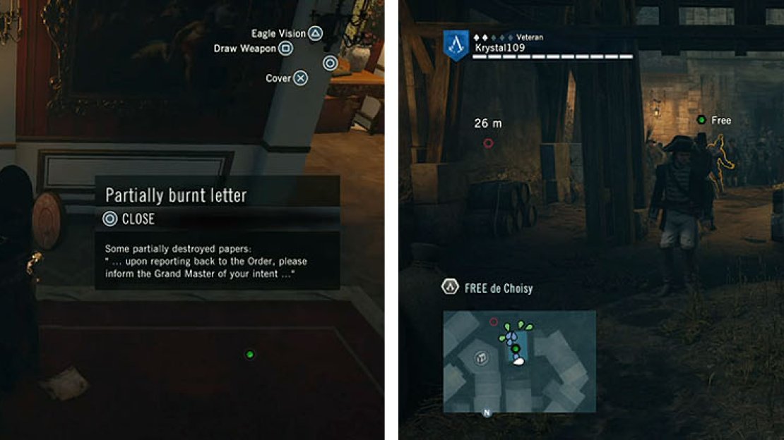 Head to de Choisy’s house and then track him down at the barn, entering through the back.