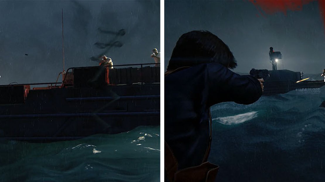 Aim for the Grenade Launcher on the large boat to take it out (left) and then deal with the smaller boats that arrive (right).