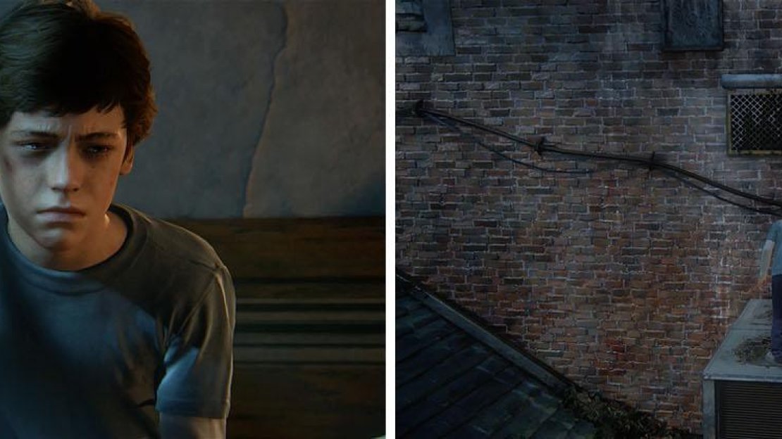 We catch up with Nate in an orphanage as a child (left). After spotting Sam, climb out the window and head up the air conditioning unit (right).