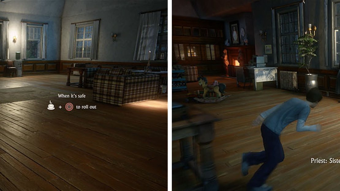 Stay in cover while Sister Catherine is looking (left) and make a dash for the window when she turns (right).