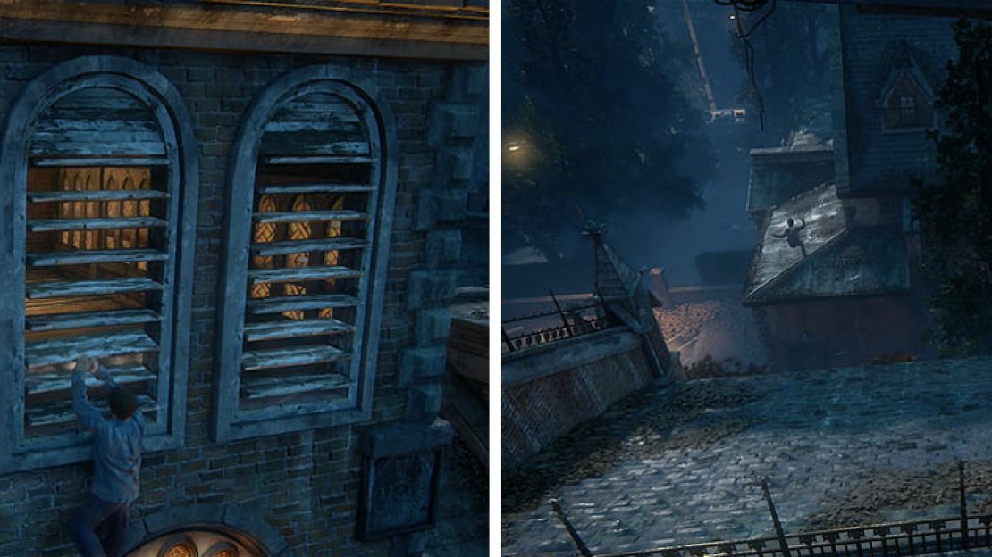 Climb up the steeple and then watch Sam make the leap to the adjacent building.