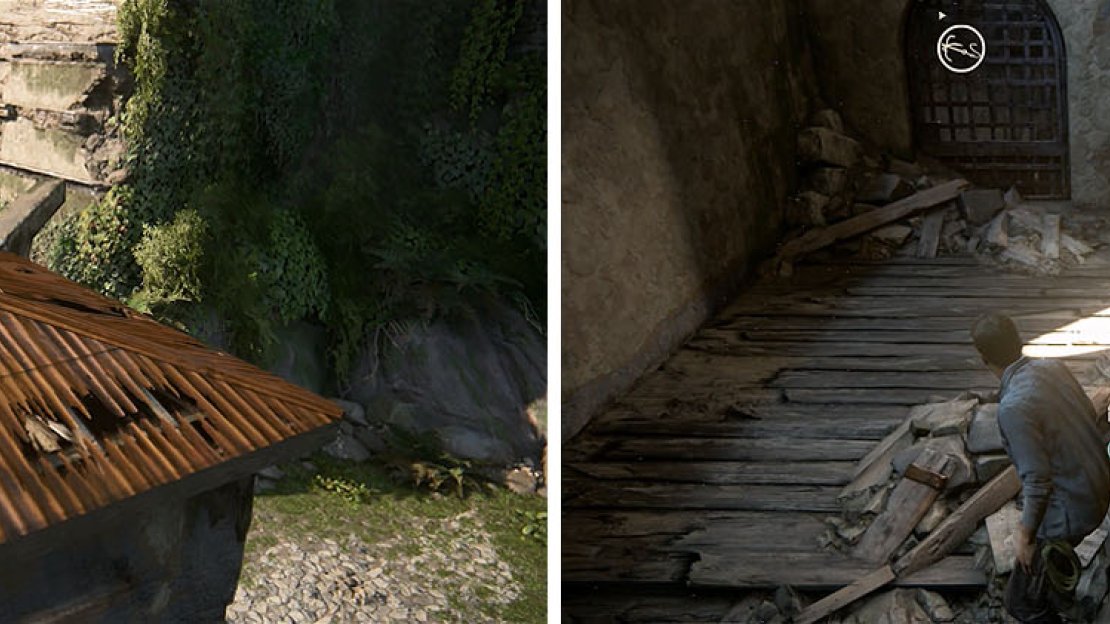 Use the building roof to reach the tower window, finding a treasure inside.