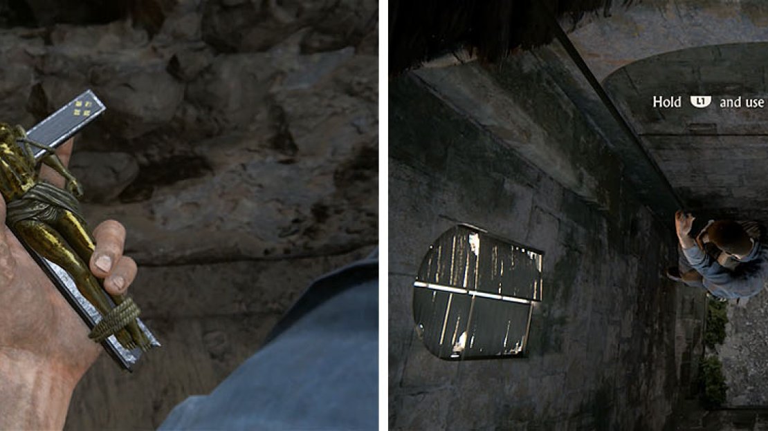 Examine the cross before leaving the tower by rappelling down the shaft.