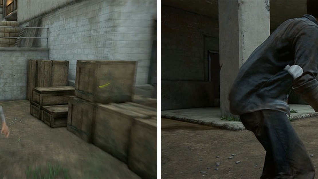 Follow Sam and Rafe through the maze of a prison (left) until you become separated and have to fight the guards (right).