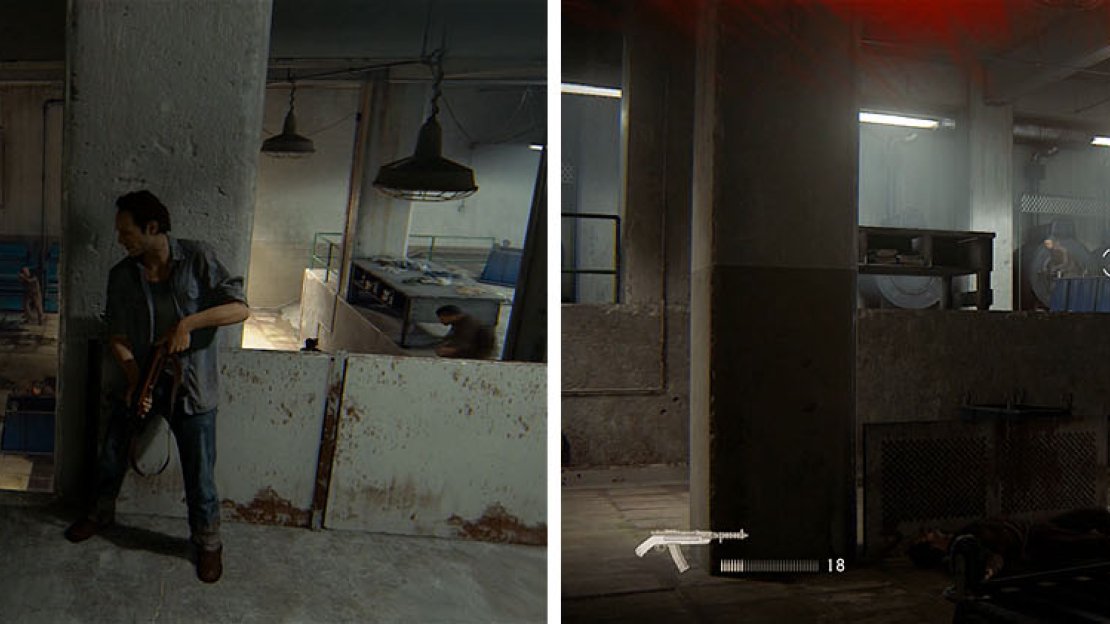 There are two waves of enemies in the laundry room: the first when you enter on the upper level (right) and the second when you go to blow the door (right).
