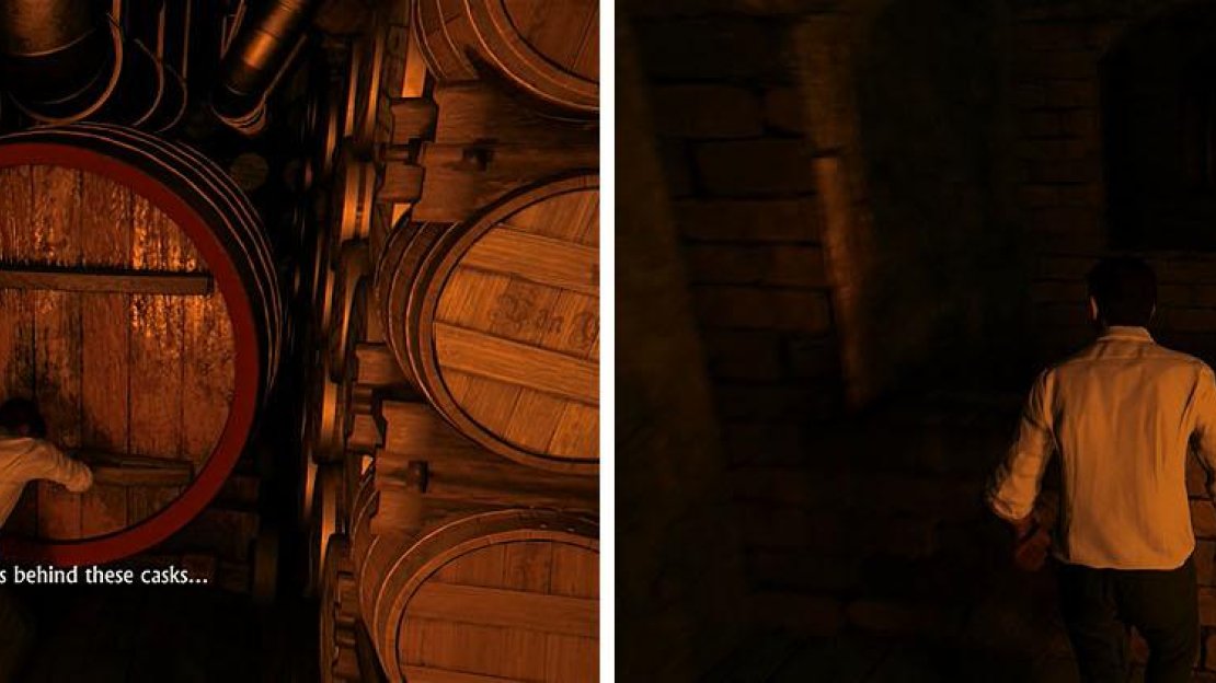Move the wine casks backwards to create a path forward by circling around them.