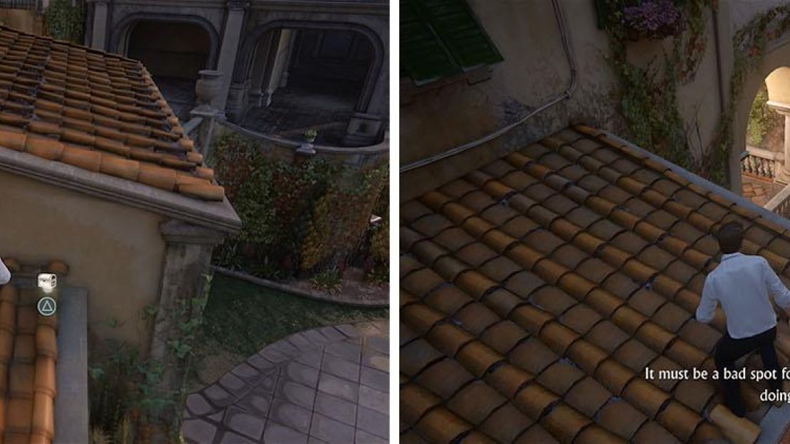 Before boosting Sam, drop into the courtyard below to reach a treasure (left). After boosting Sam, climb the building on the left to reach another treasure (right).