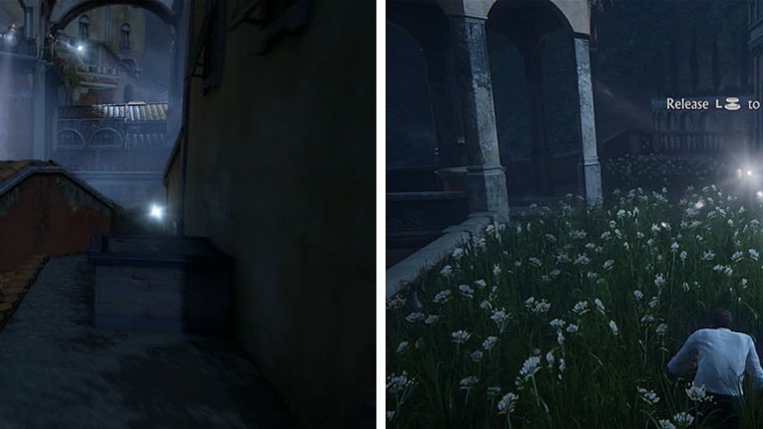 When it’s clear make a dash for the balcony to proceed to the area with tall grass.