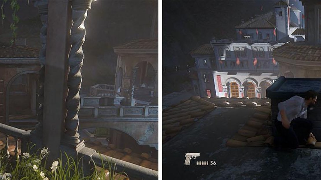 Wait for the guard on the roof to walk away (left) and then climb up and take cover by the chimney to stealth kill him (right).