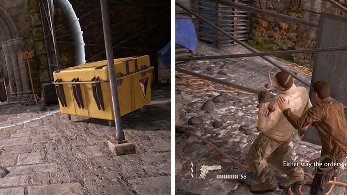 Create a path for the crate and when the enemies appear back up and hide.