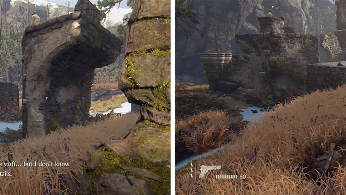 Pass through the arch and under behind the pillar with the enemy (left) to reach the tall grass in between the three Shoreline goons (right).
