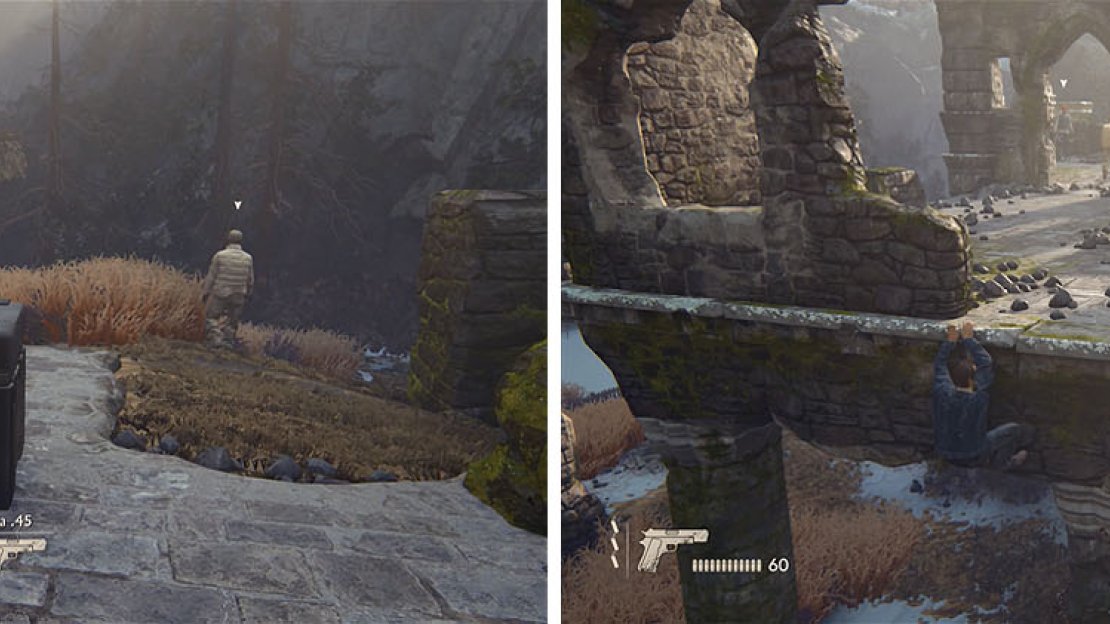 Ignore the enemy on the lower level (left) and work your way around the upper level starting here (right).