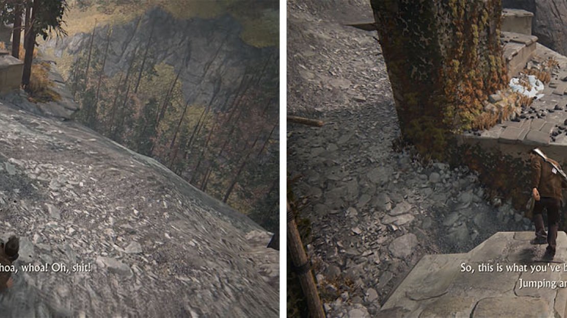 Make your way down the second gravel slope (left) and then look for the treasure beneath this platform (right).