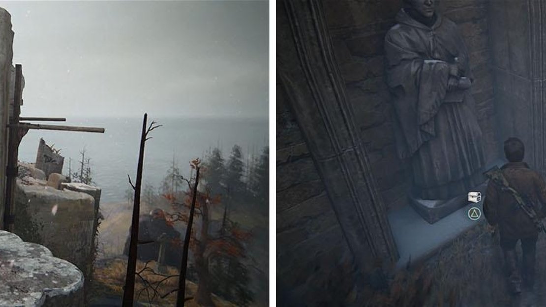 Use the posts to get higher up before sliding down the gravel (left). Make sure to get the treasure above the gate (right).