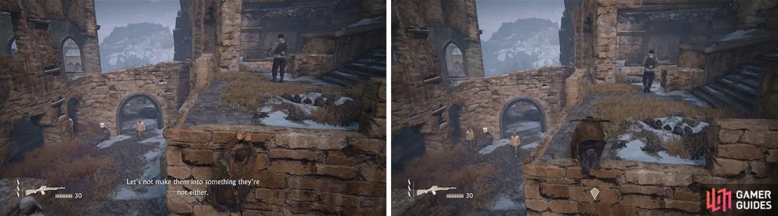 Shimmy around the building and wait for the conversation to end (left). As soon as it does, pull up so that you aren&rsquo;t detected from below (right).