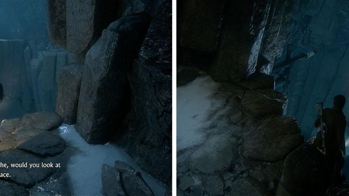 After speaking with Sam (left), look for a beam below a nearby ledge (right).