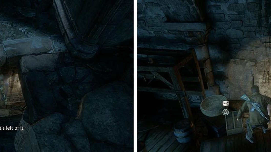 Don’t miss the treasure on the ledges below the broken bridge (left) and another when you climb up the via the metal crate (right).