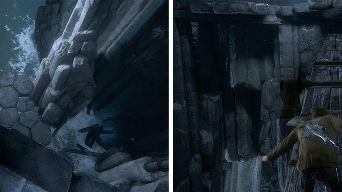 Drop onto the outcropping below the entrance and jump onto the large beam.