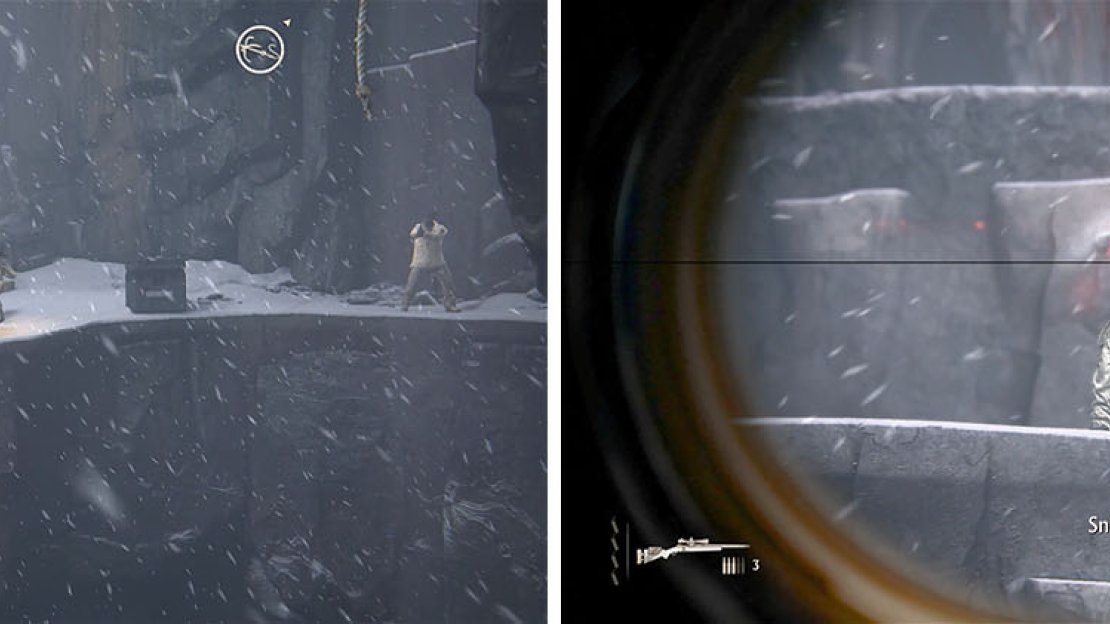 Focus on the sniper first and then pick up his weapon and fire across the ravine.