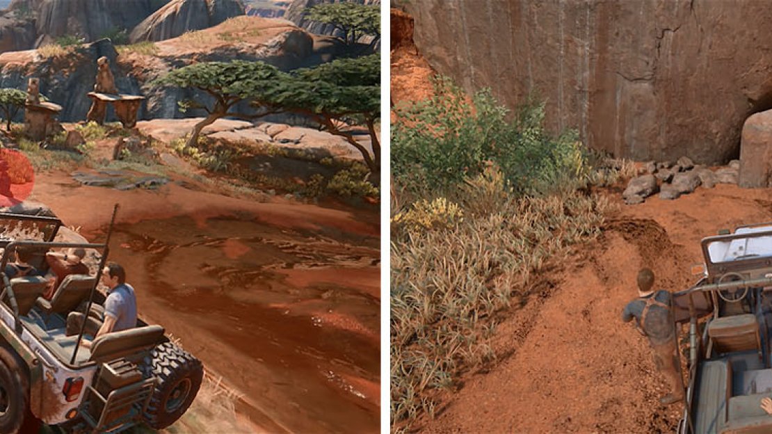 The cairn by the ruins here is easy to miss (left). Don’t forget to also exit the vehicle to examine the cave for a treasure as well (right).