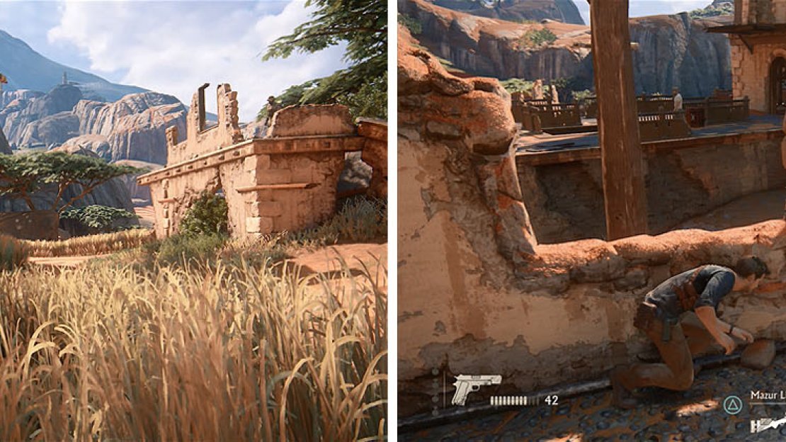 Hide in the grass until it’s clear to cross to the right structure (left). After killing the enemy wait again to head to the main tower platform (right).