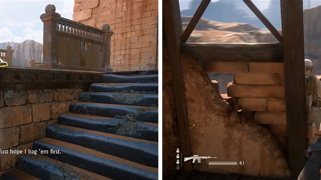 After killing the other enemy near the stairs (left) climb up the tower, but watch out for this enemy on the third floor (right).