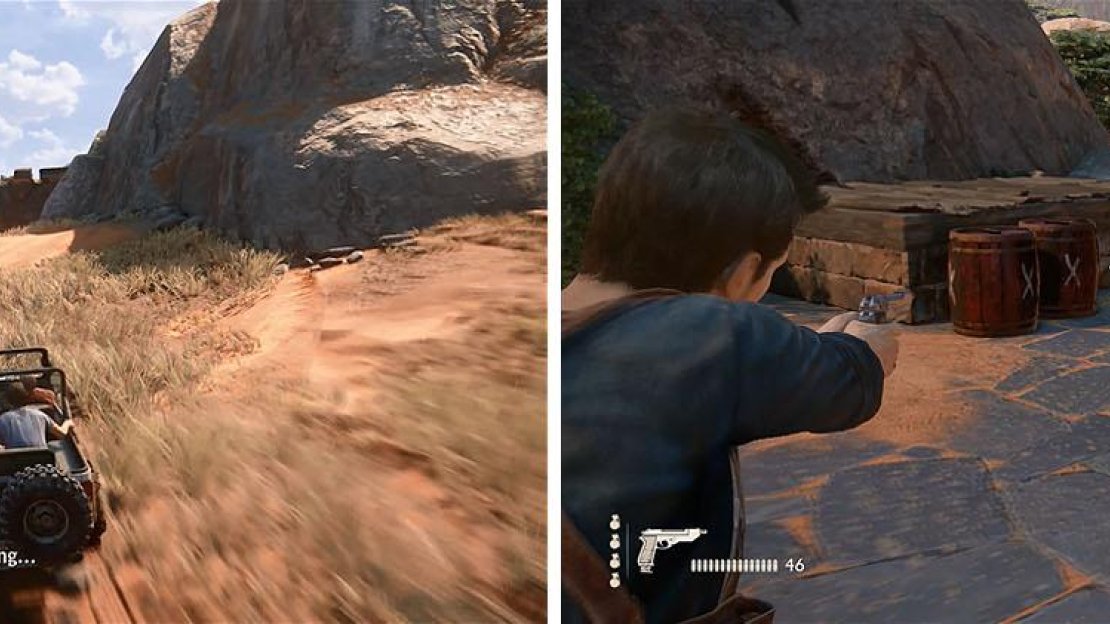 Look for this small fort (left) and blow the barrels to to find a treasure inside.