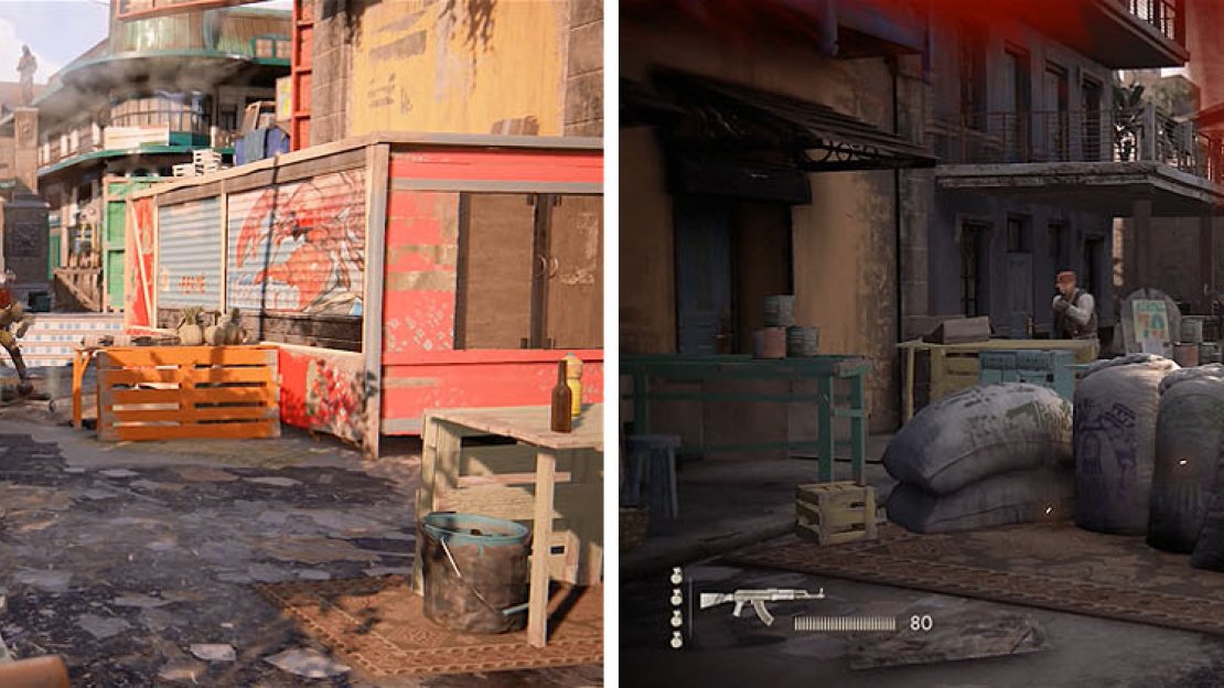 Take down the first group of enemies (left) and then take cover behind the meat counter to avoid the turret fire while you take down the second group (right).