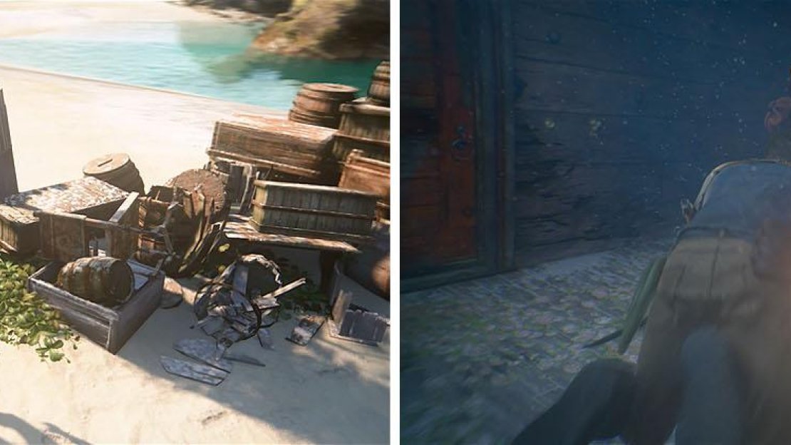 Check the supplies on the beach for a note (left) and then search the hold of the sunken ship for a treasure (right).