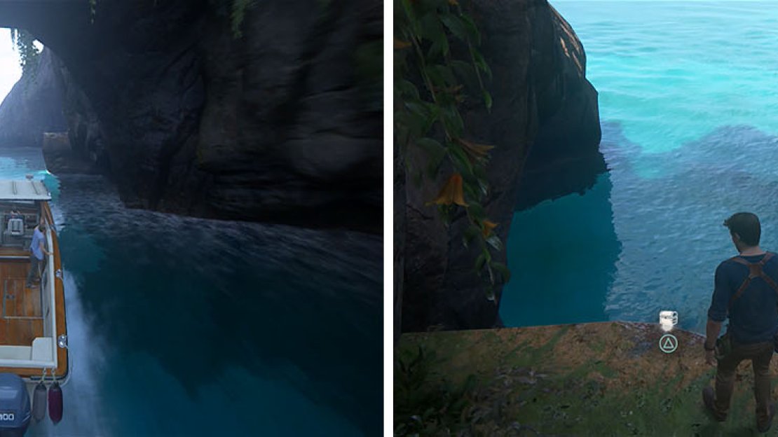 This ledge (left) will lead to a well hidden treasure above (right).