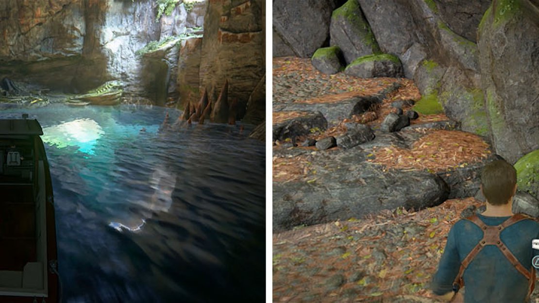 Find the cave beneath the mountain and climb the pillar inside (left). Now follow the path to a treasure on the right (right).