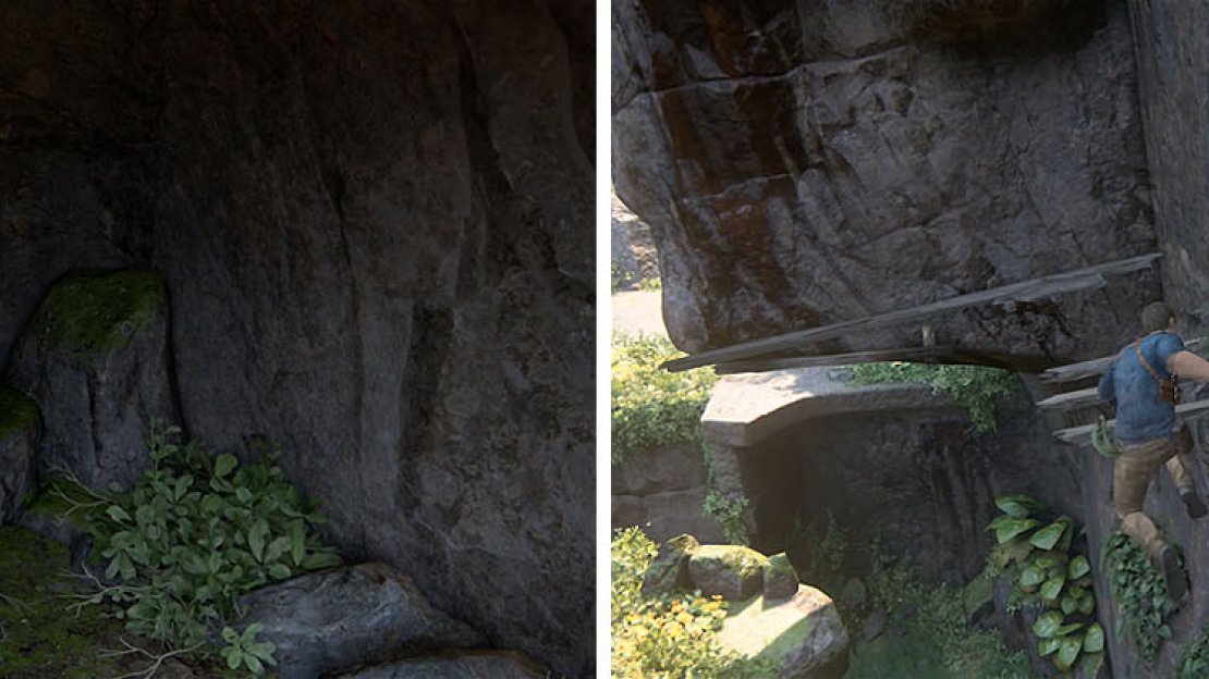 Grab the treasure in the side tunnel before you climb up and swing over to Sam.