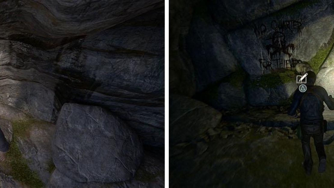 Collect the treasure in the cavern and then climb up the ledges to find a corpse.