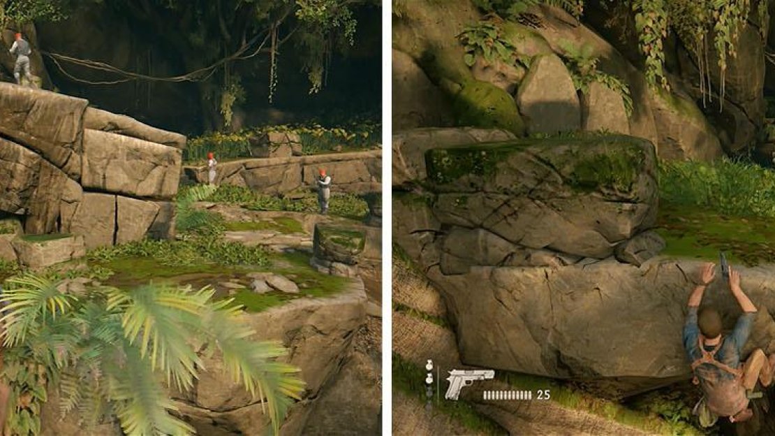 Pull up to the top of the pillar when it’s clear and jump across to the ledge ahead (left). Wait for the right opportunity to climb up next to the enemy (right).